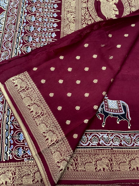 Maroon Cow Ajrakh Handblock Dola Silk Saree