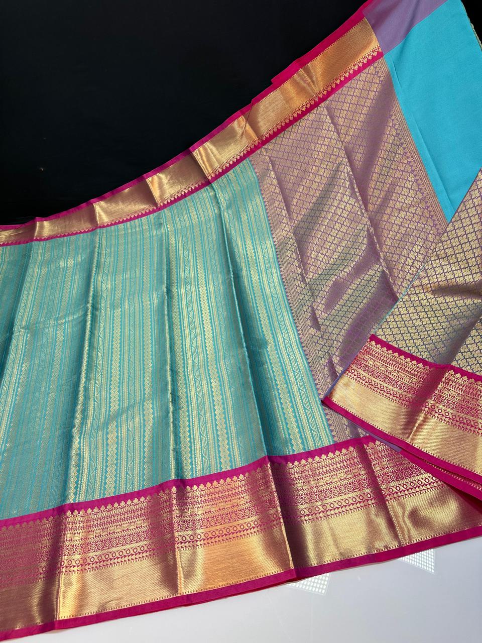 Blue N Pink Semi Kanchi Silk Saree