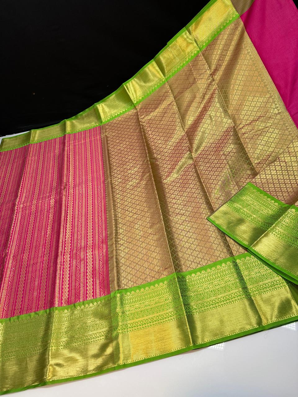 Pink N Green Semi Kanchi Silk Saree