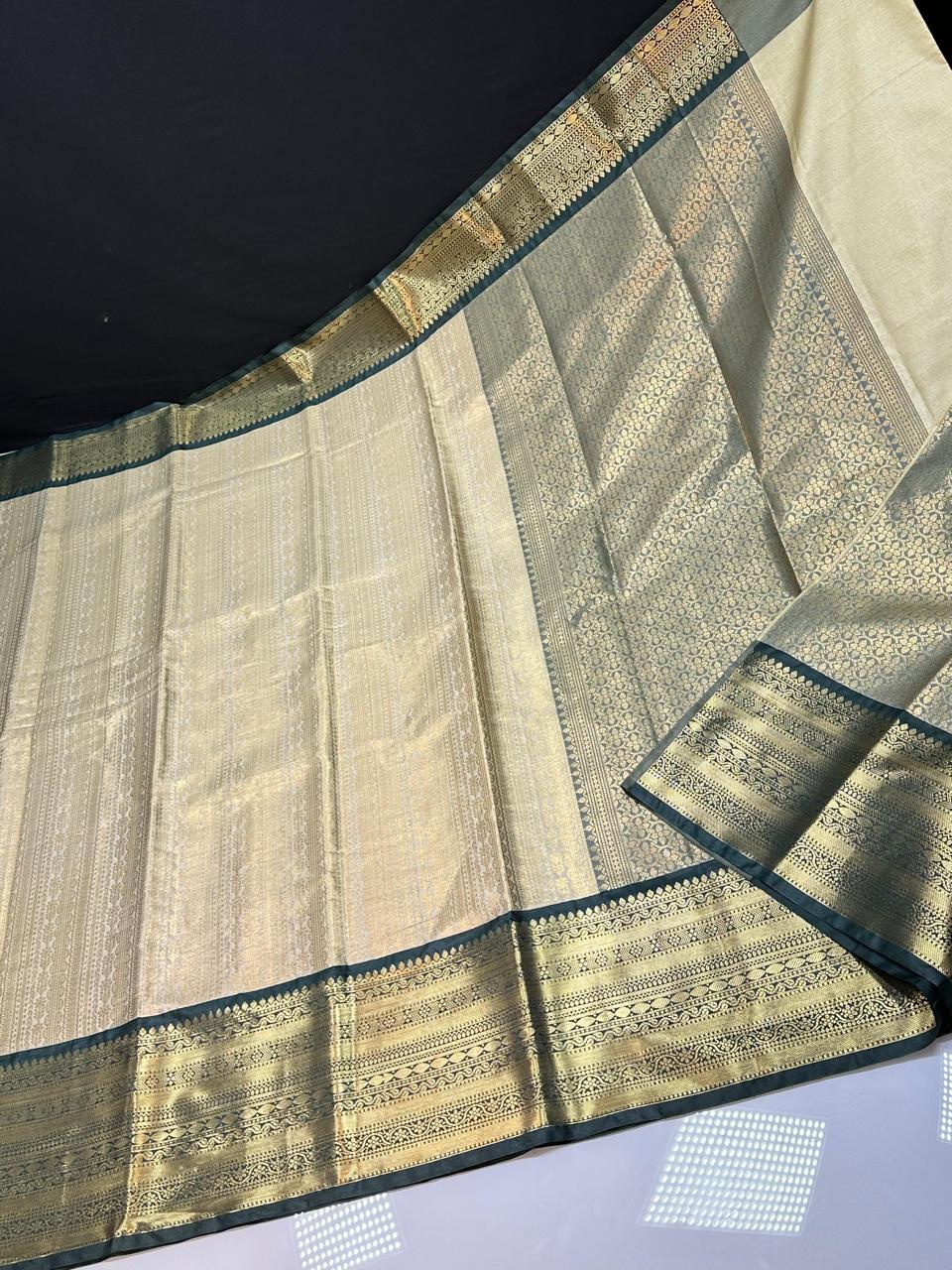 Off White N Green Semi Kanchi Silk Saree