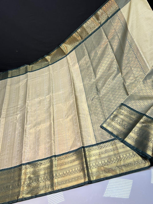 Off White N Green Semi Kanchi Silk Saree