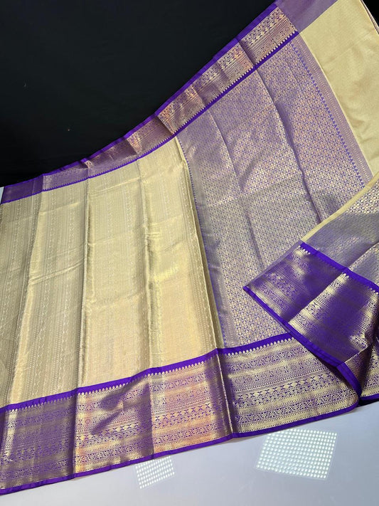 Off White N Blue Semi Kanchi Silk Saree