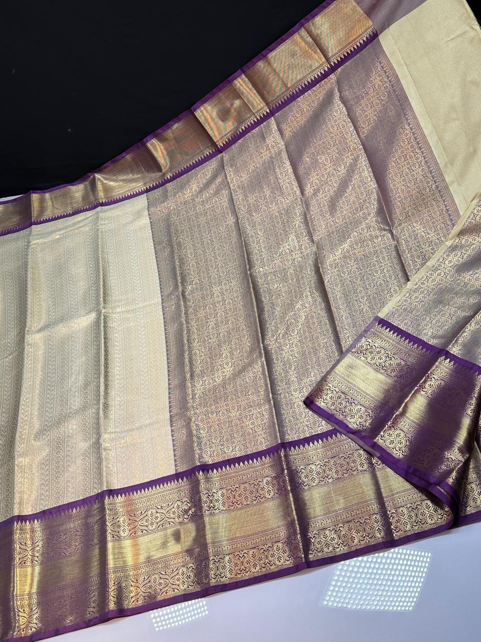 Off White N Purple Semi Kanchi Silk Saree