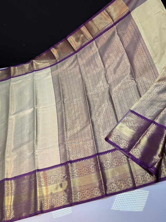 Off White N Purple Semi Kanchi Silk Saree