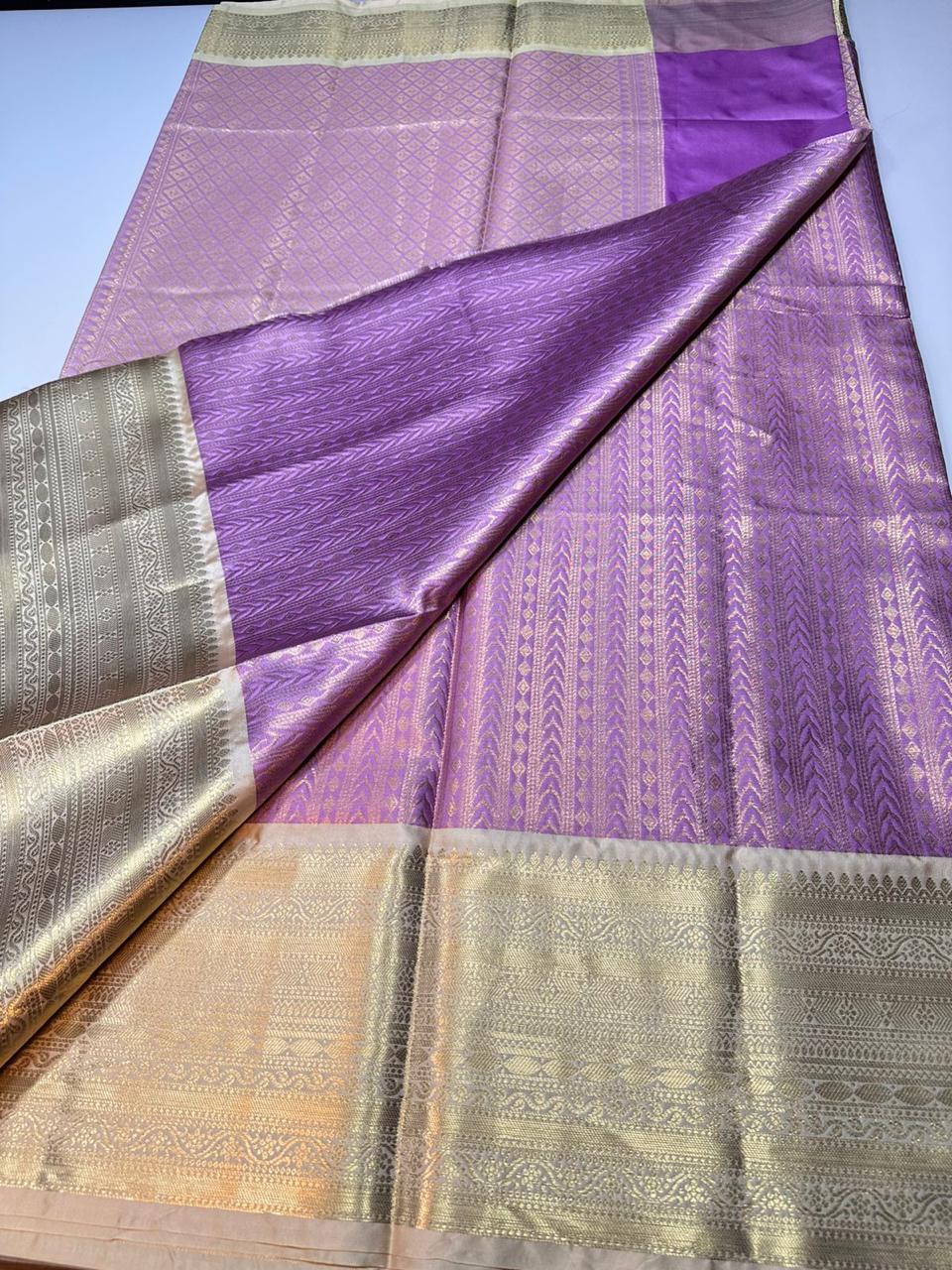 Lavender N White Semi Kanchi Silk Saree