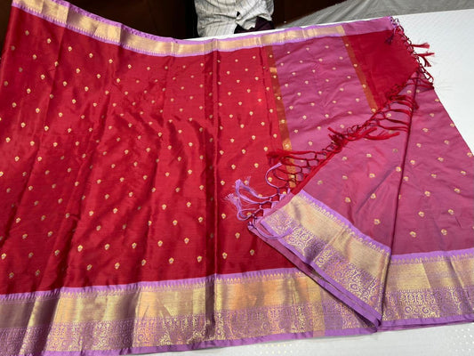 Red N Lavender Pink Semi Kanchi Silk Saree