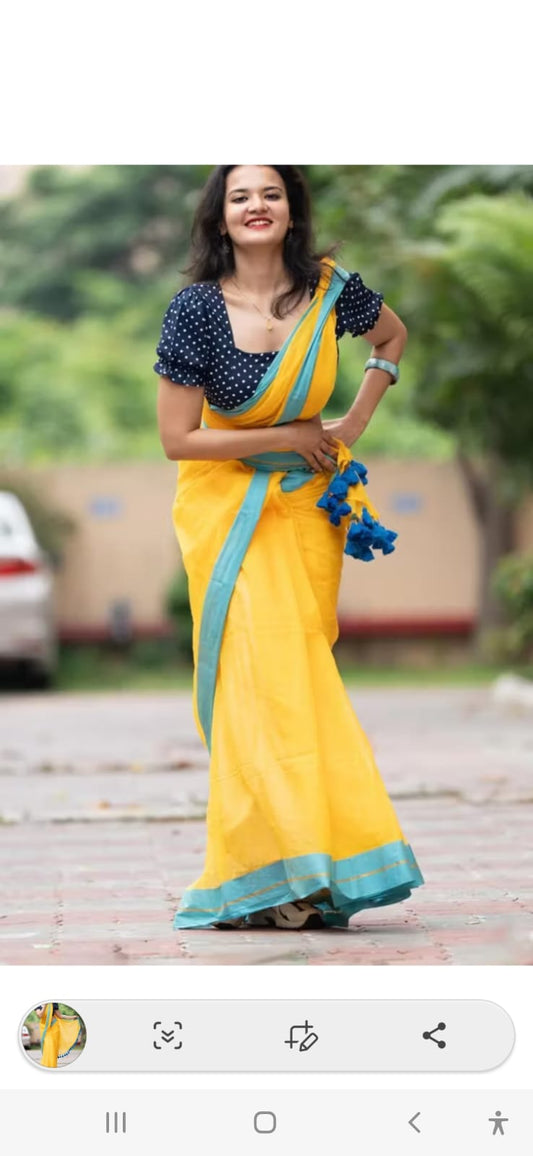 Yellow N Blue Mul Cotton Saree