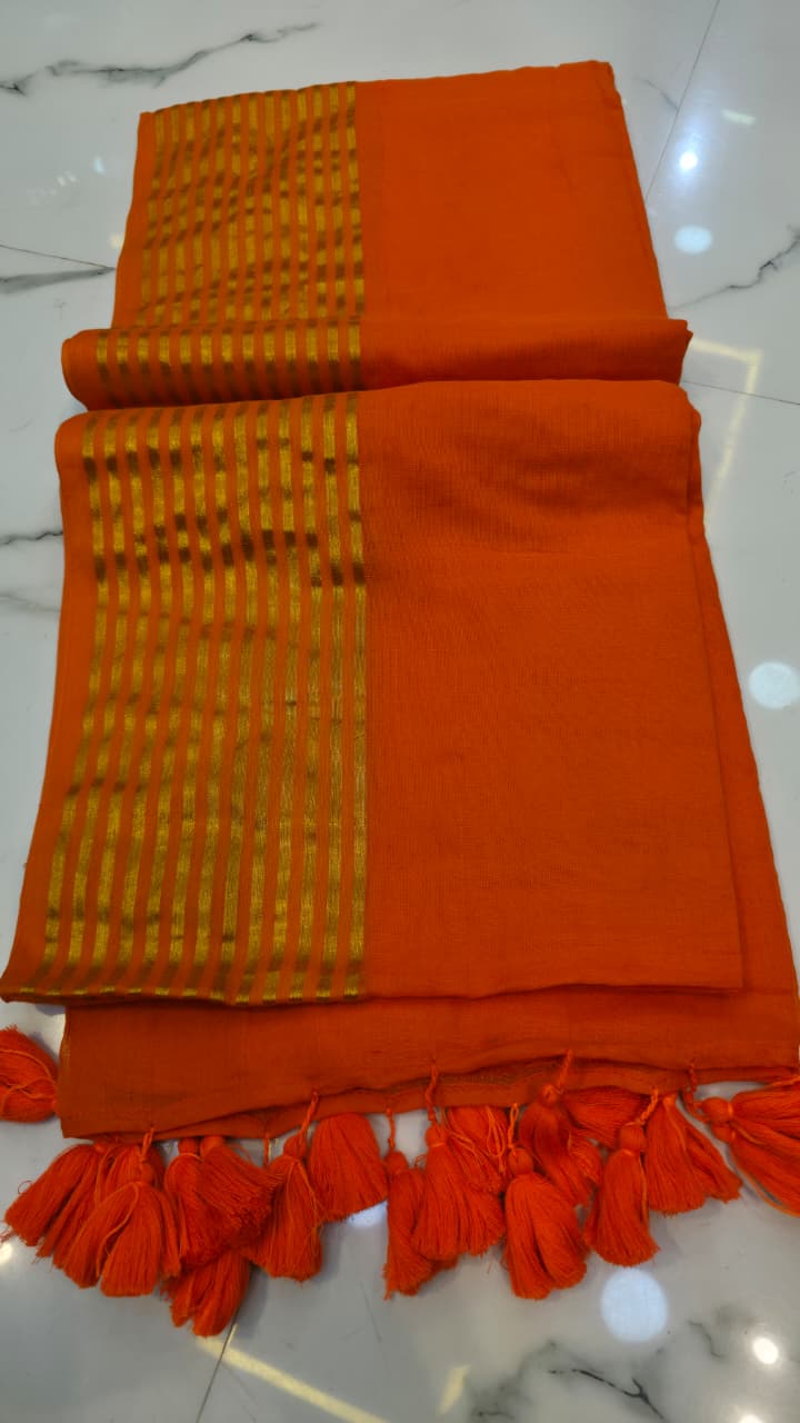 Orange Zari Border Mul Cotton Saree