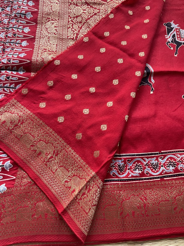 Red Cow Ajrakh Handblock Dola Silk Saree