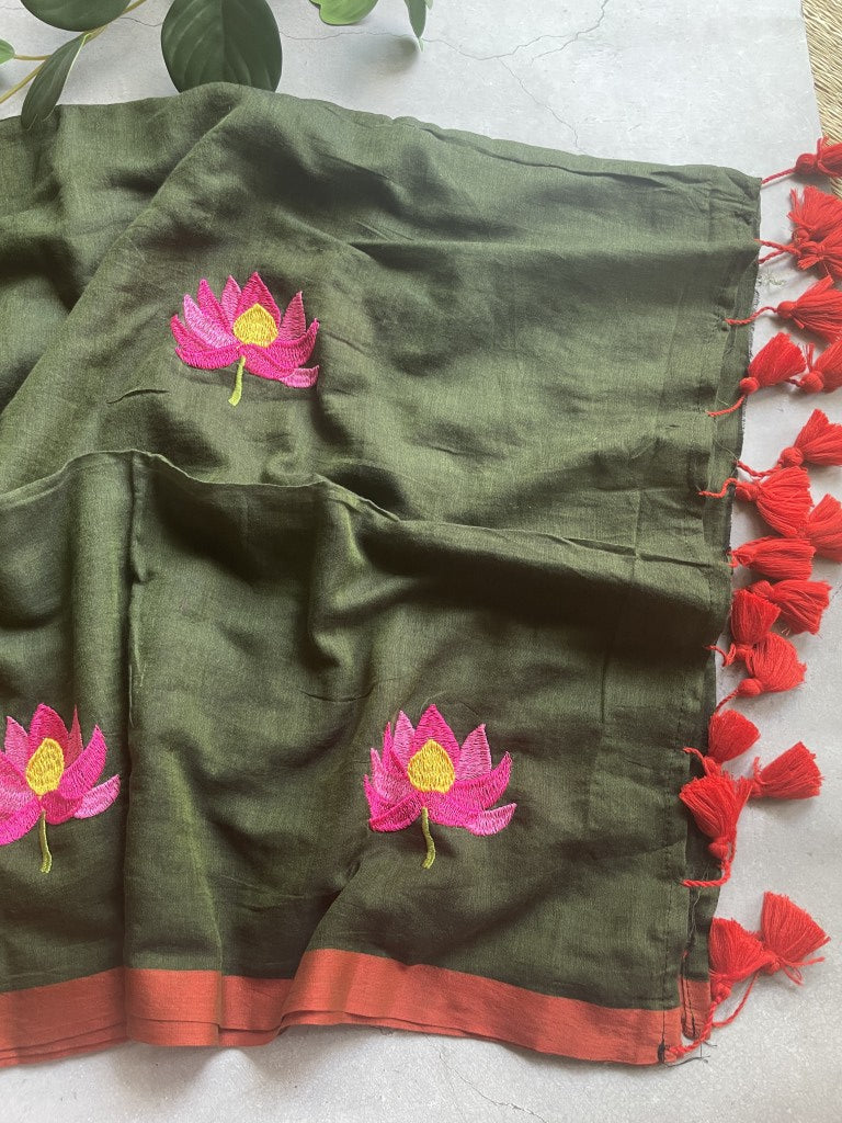 Green Lotus Embroidery Mul Cotton Saree