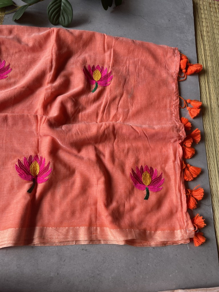 Peach Lotus Embroidery Mul Cotton Saree