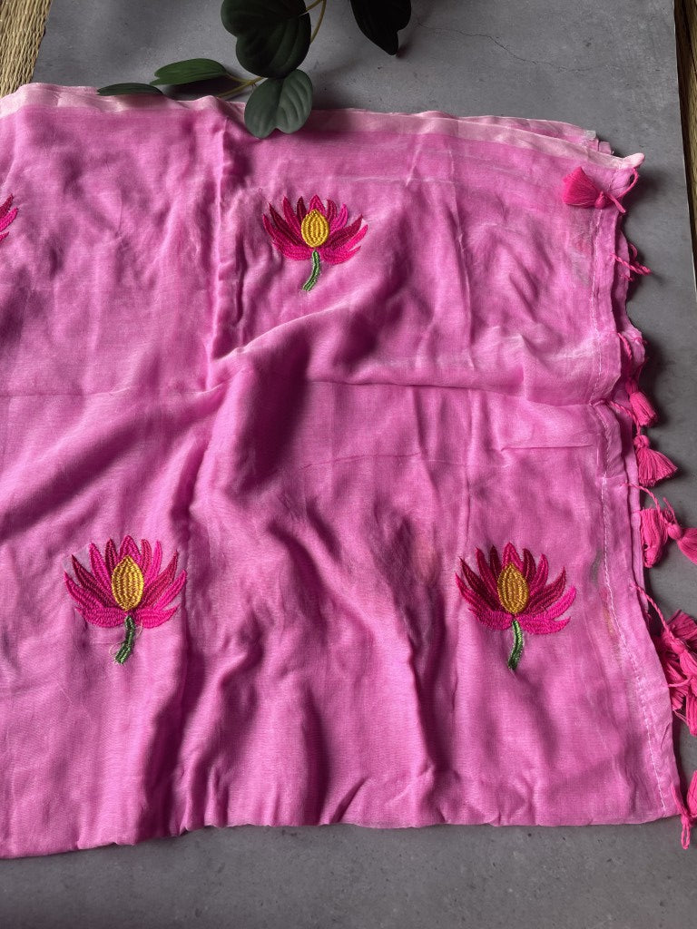 Light Pink Lotus Embroidery Mul Cotton Saree