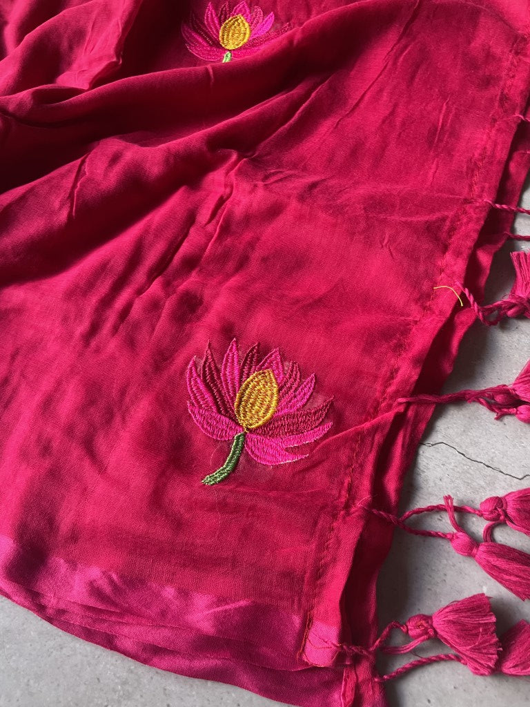 Pink Lotus Embroidery Mul Cotton Saree