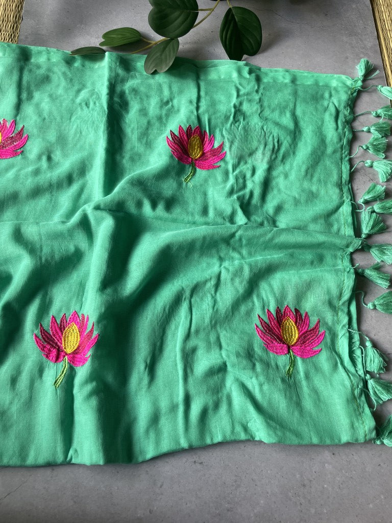 Green Lotus Embroidery Mul Cotton Saree