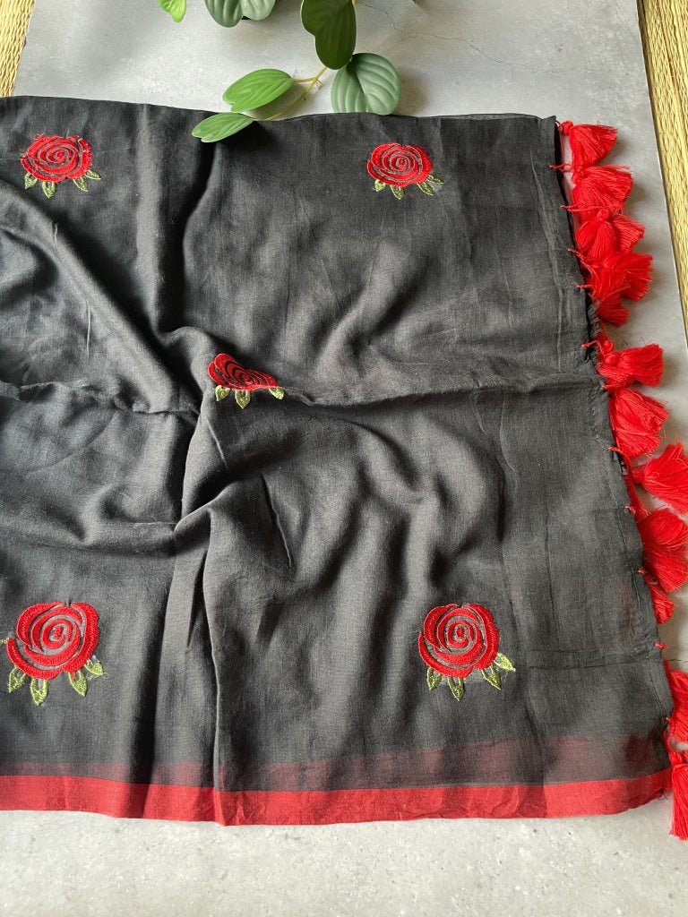 Black Rose Embroidery Mul Cotton Saree