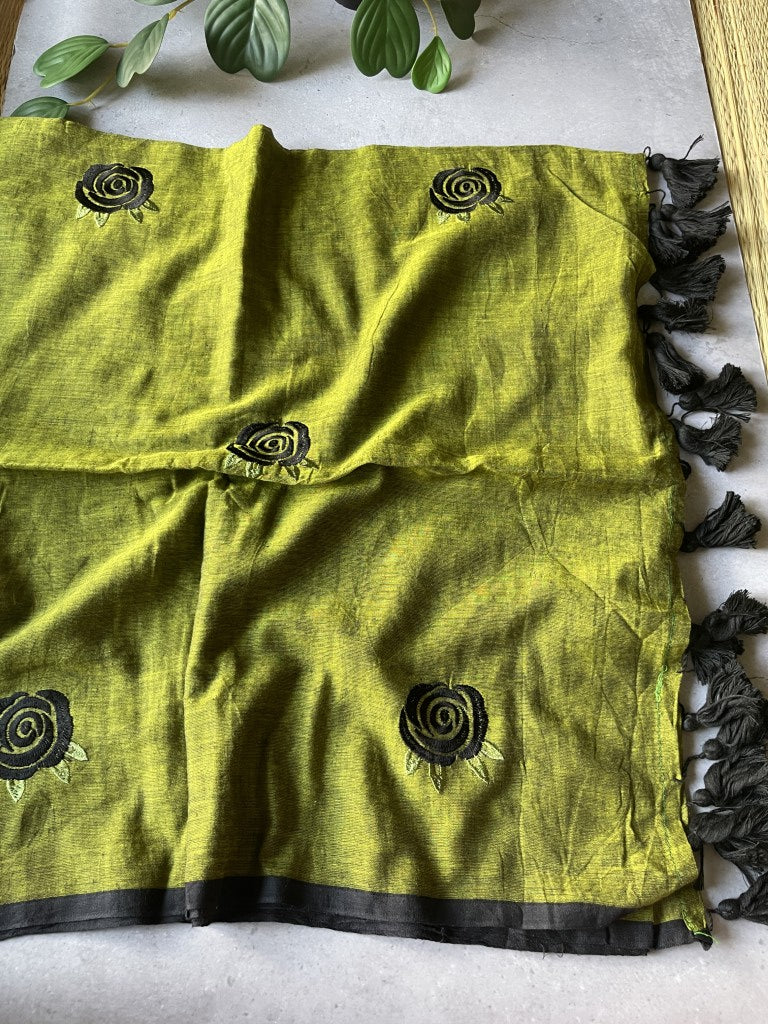Olive Green Rose Embroidery Mul Cotton Saree
