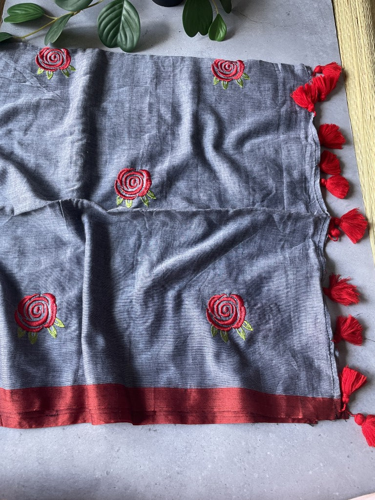 Grey Rose Embroidery Mul Cotton Saree
