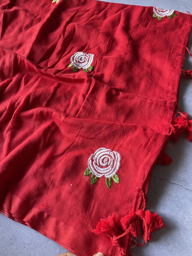 Red Rose Embroidery Mul Cotton Saree
