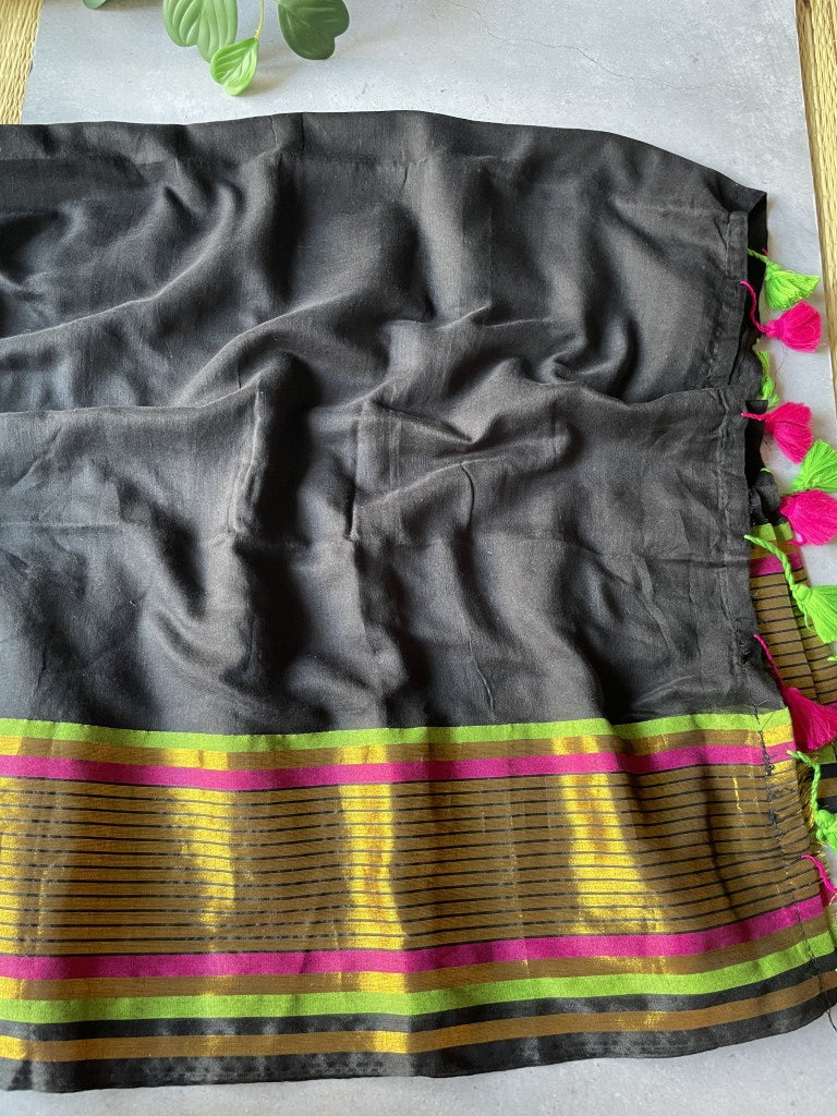 Black Kanchi Border Mul Cotton Saree