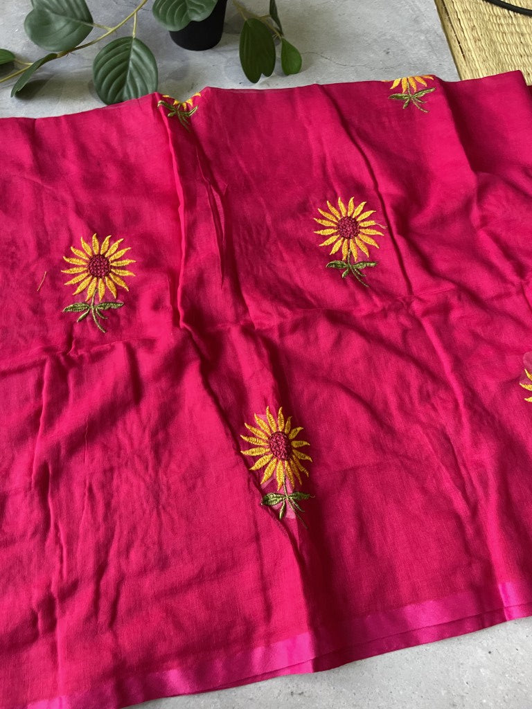 Pink Sunflower Embroidery Mul Cotton Saree