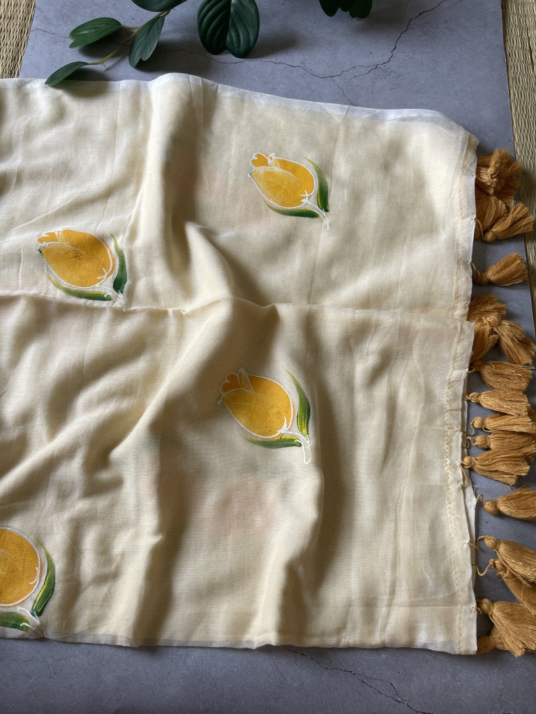 Light Yellow Handpaint Mul Cotton Saree