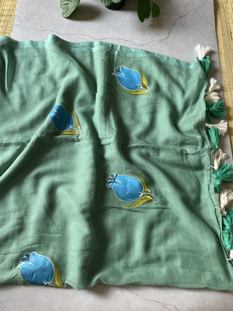 Green Handpaint Mul Cotton Saree