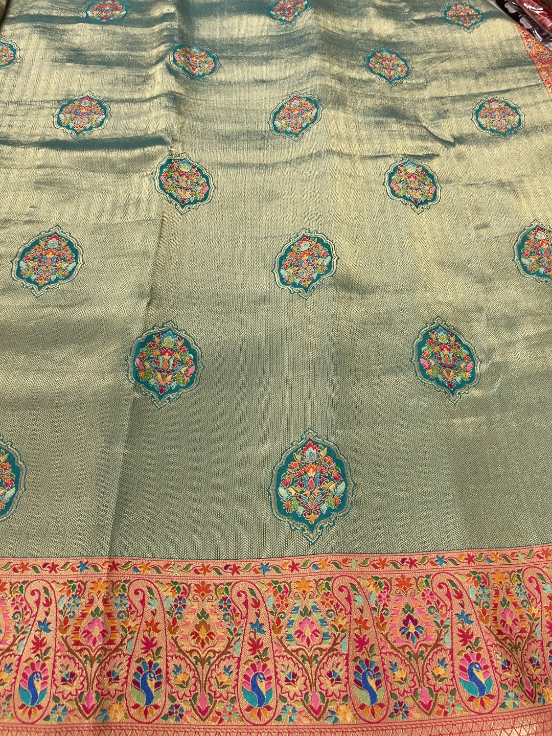 Green Pashmina Tissue Silk Saree