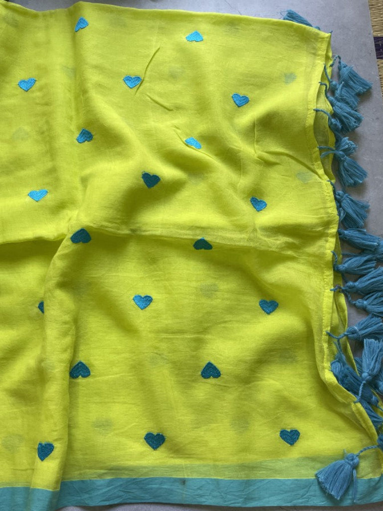 Green Heart Embroidery Pure Mul Cotton Saree