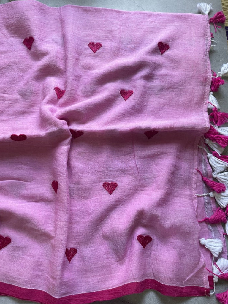 Pink Heart Embroidery Pure Mul Cotton Saree