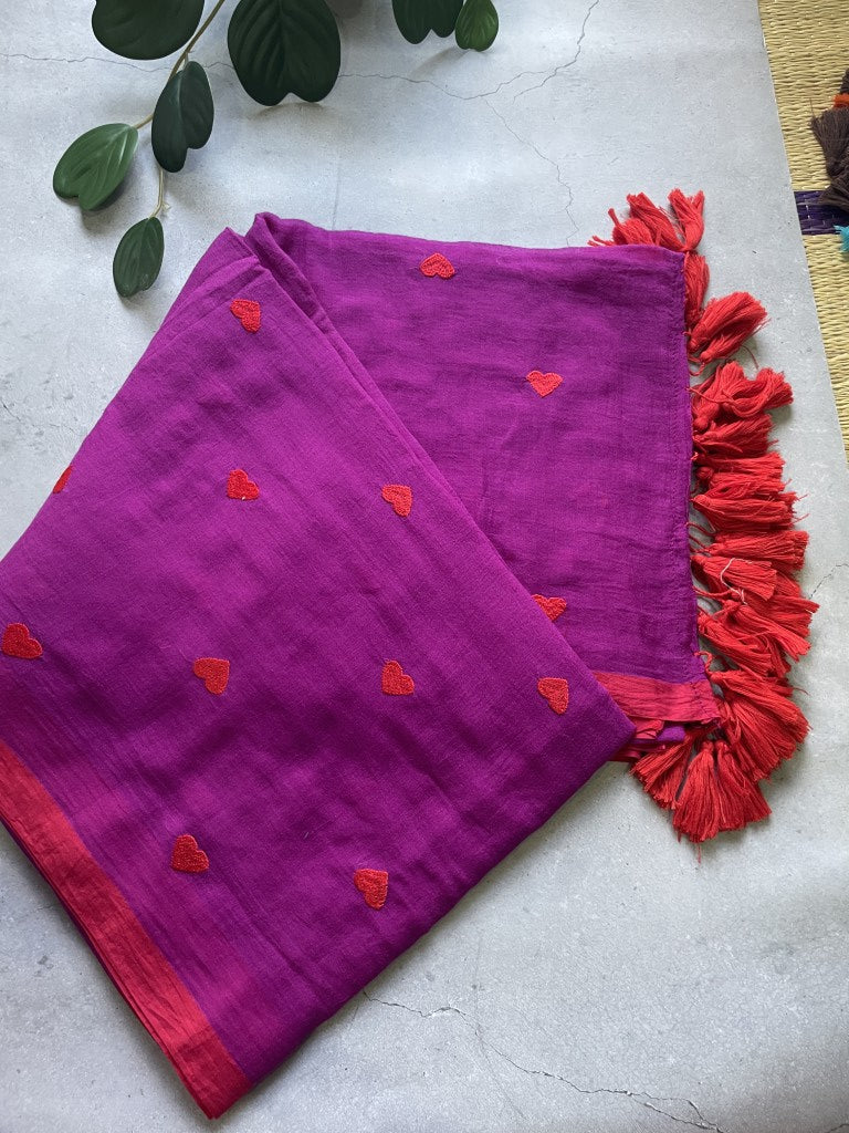 Magenta Heart Embroidery Pure Mul Cotton Saree