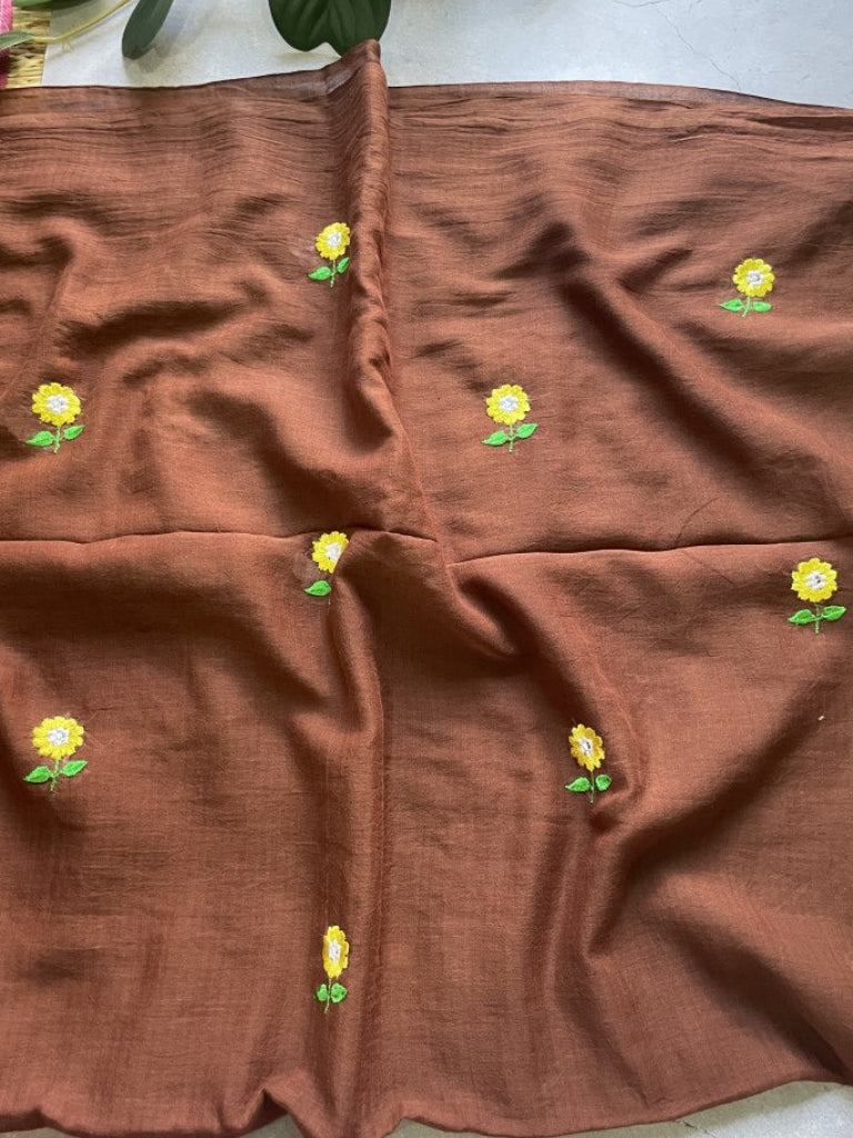 Brown Floral Embroidery Pure Mul Cotton Saree
