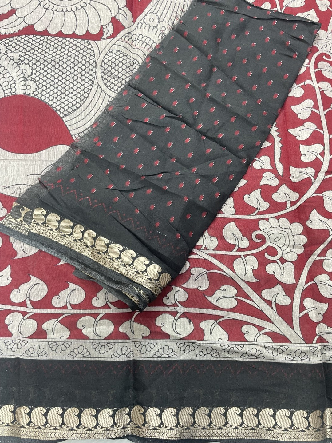Red Printed Mul Cotton Saree