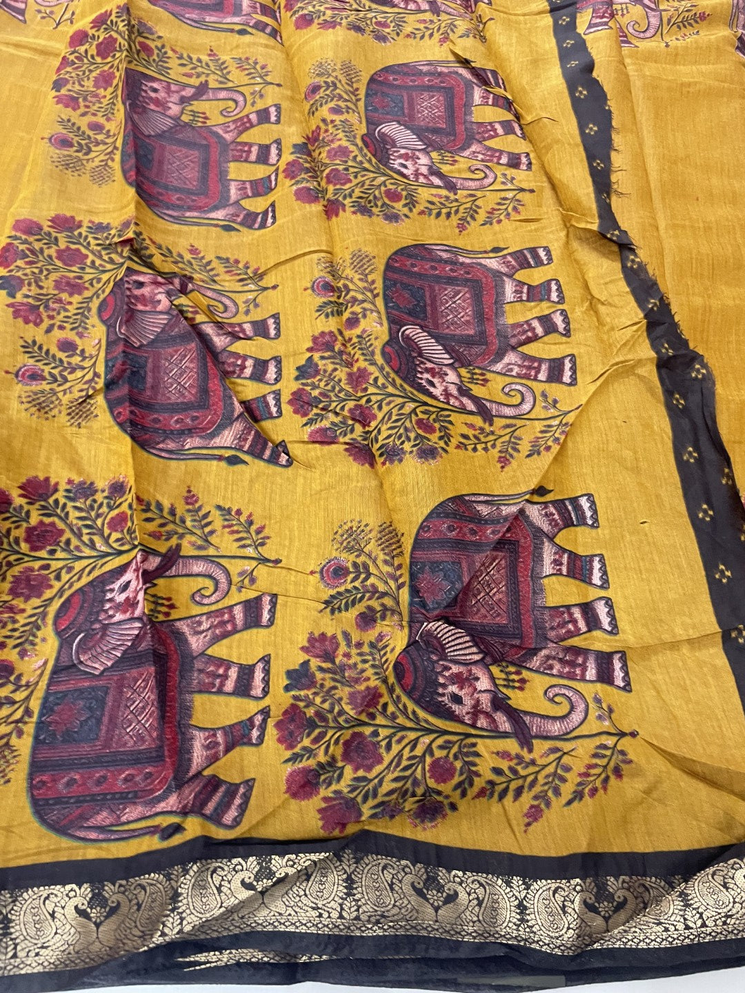 Mustard Elephant Printed Mul Cotton Saree