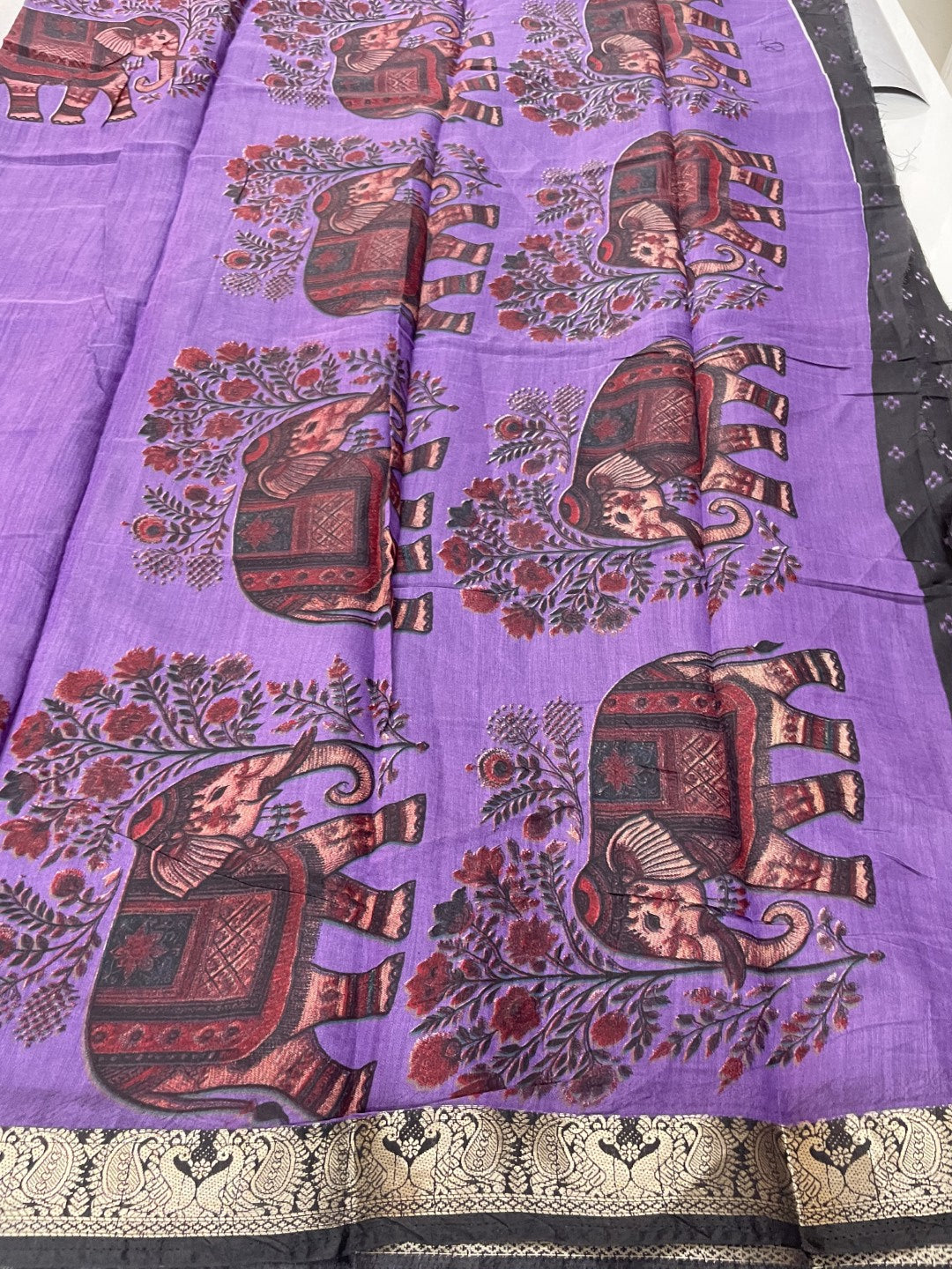 Lavender Elephant Printed Mul Cotton Saree