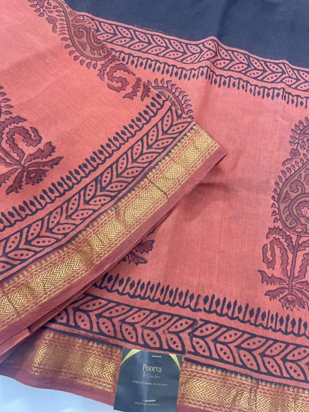 Black N Maroon Handblock Chenderi Silk Saree