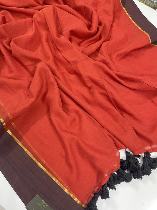 Rust N Brown Mul Cotton Saree