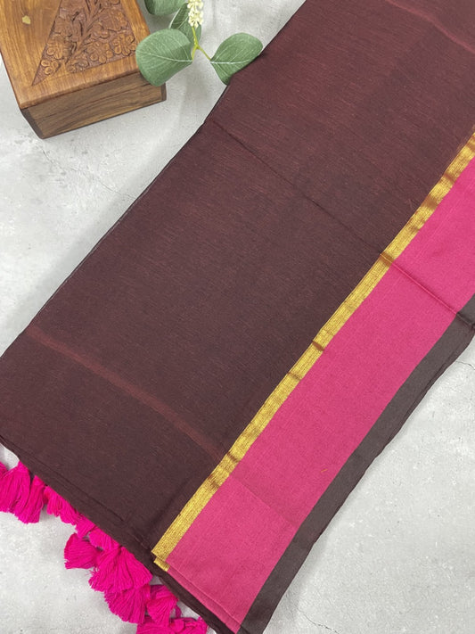 Brown N Pink Mul Cotton Saree