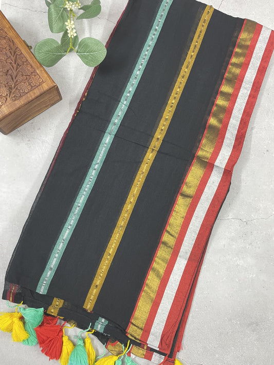 Black Stripe Rainbow Mul Cotton Saree