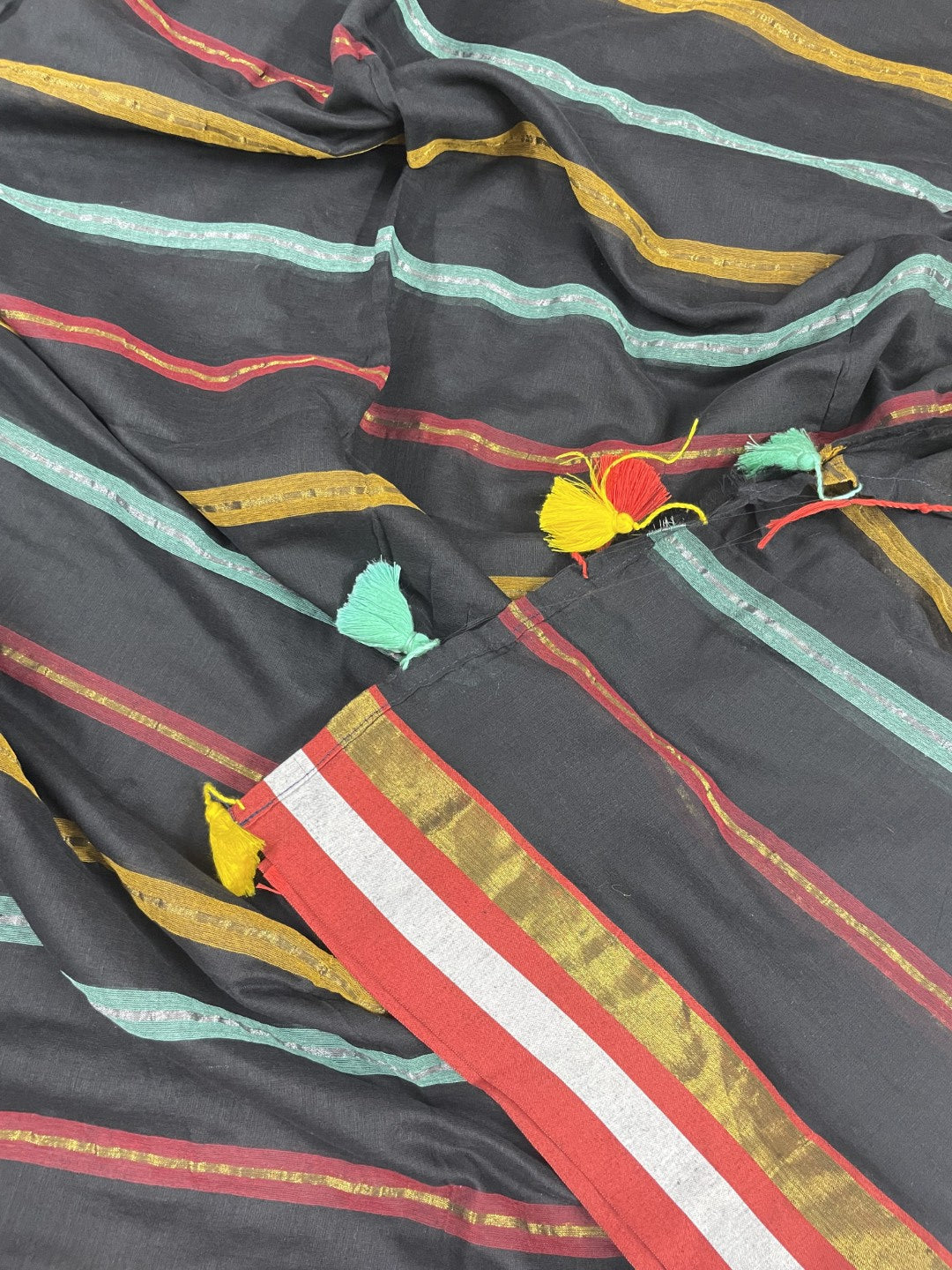 Black Stripe Rainbow Mul Cotton Saree
