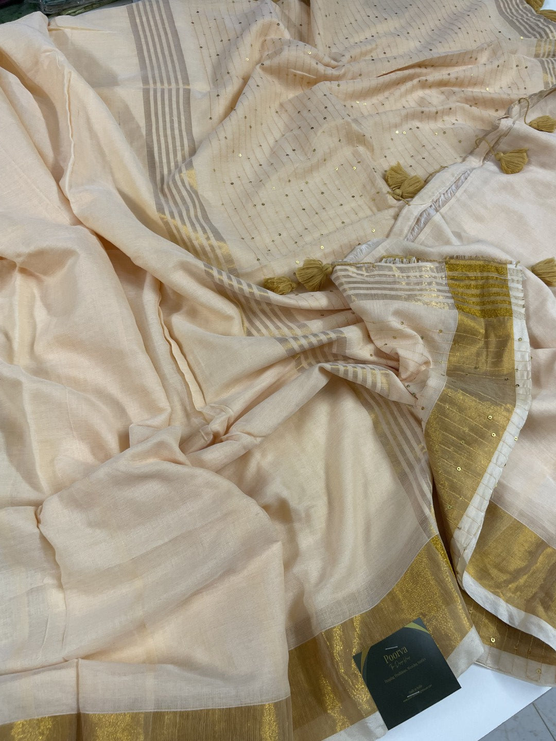Off White Sequence Pallu Mul Cotton Saree