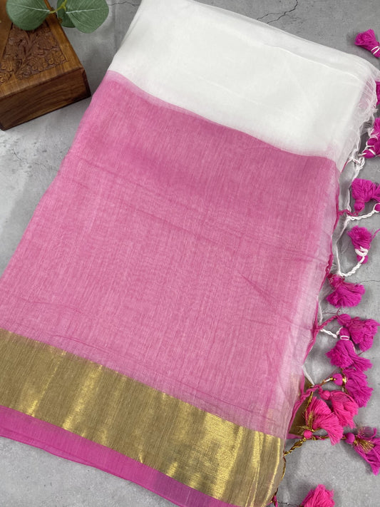 White N Pink Mul Cotton Saree