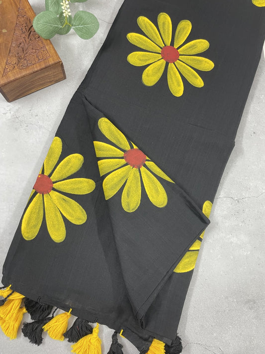 Black Sunflower HandPaint Khadi Cotton Saree