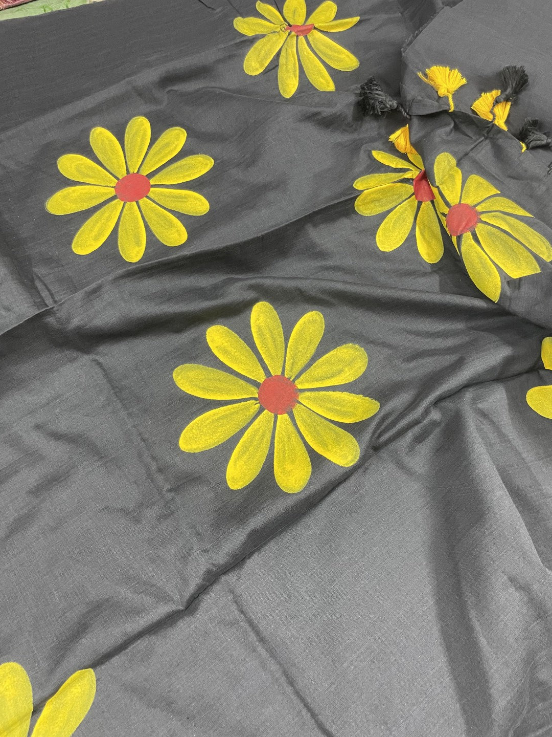 Black Sunflower HandPaint Khadi Cotton Saree