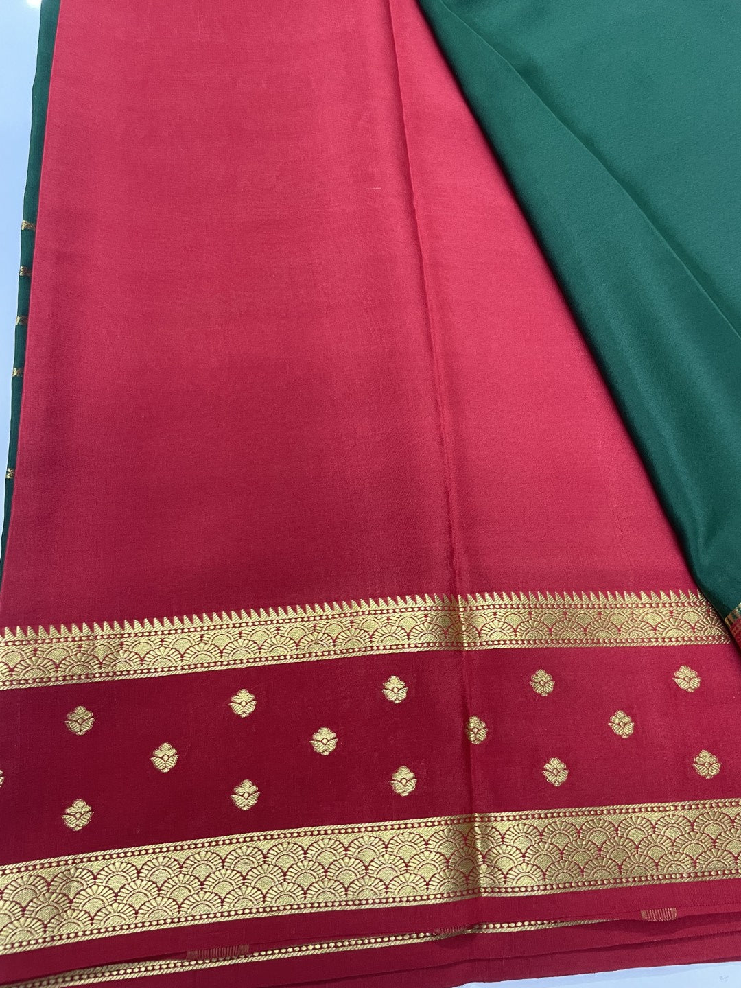Green N Red Pure Mysore Crepe Silk Saree