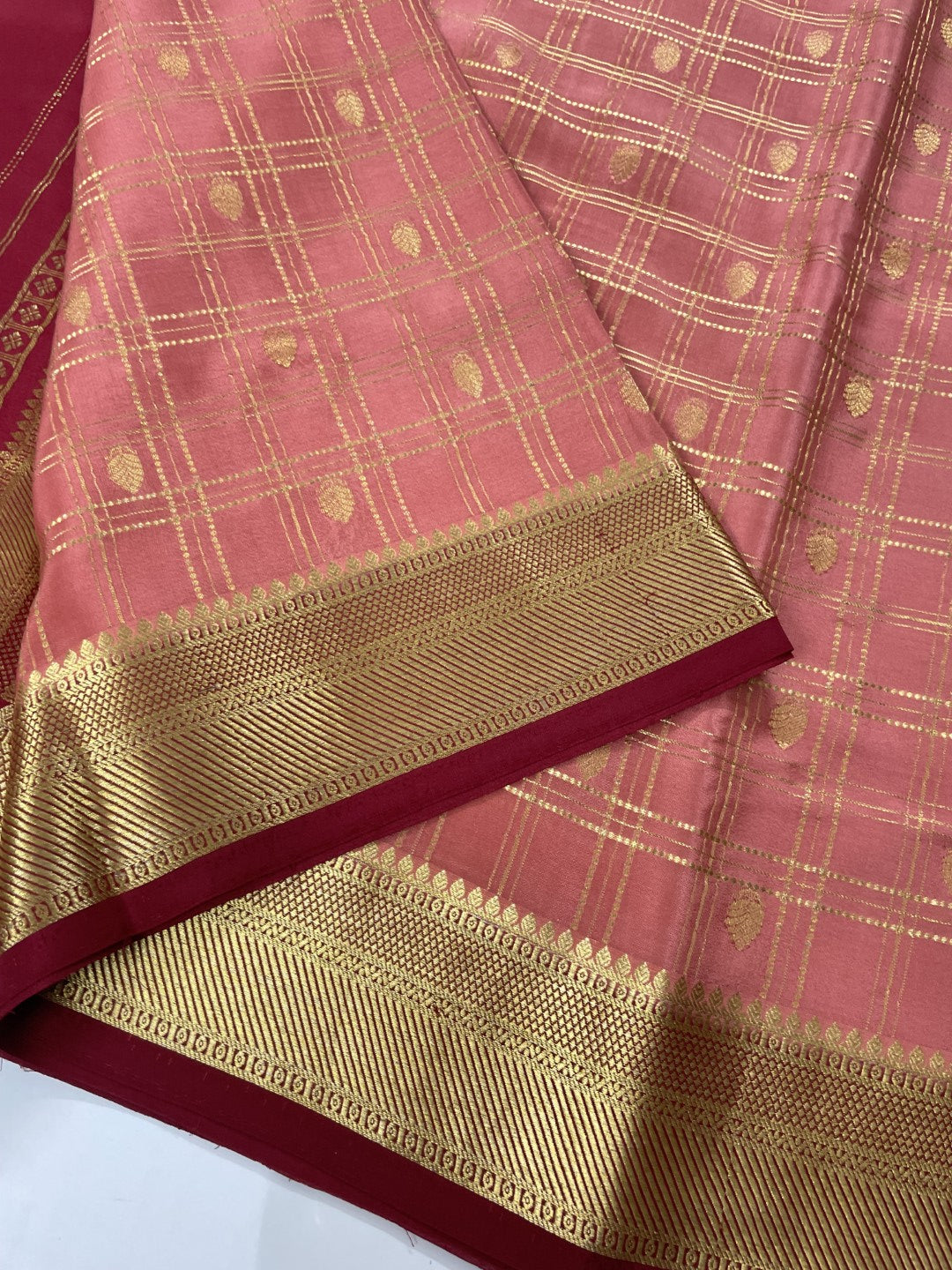 Peach N Maroon Checks Pure Mysore Crepe Silk Saree