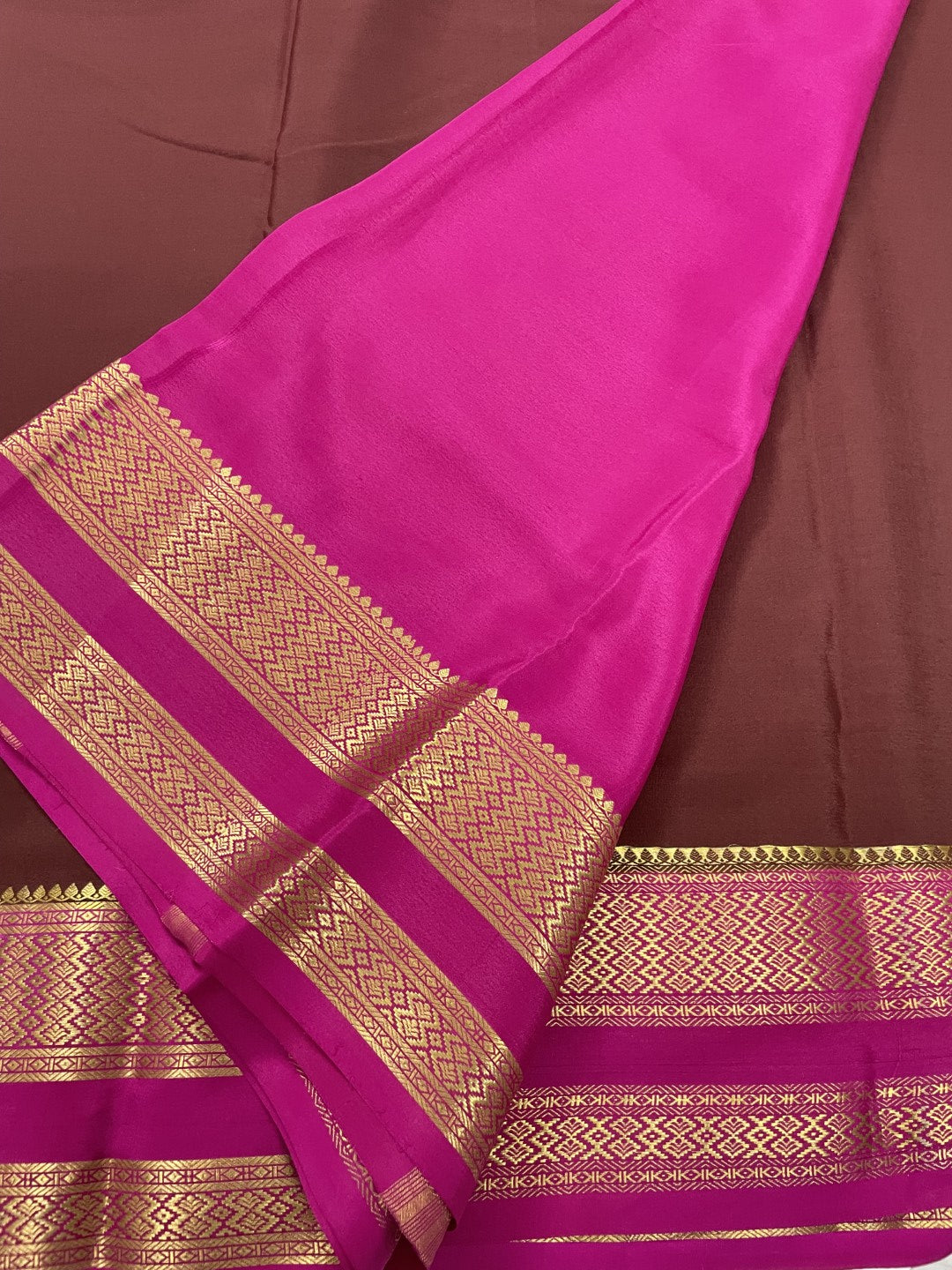 Brown N Pink Pure Mysore Crepe Silk Saree