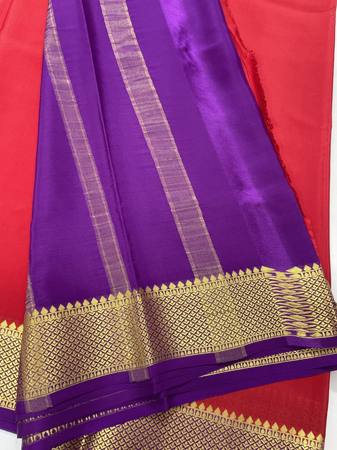 Red N Blue Pure Mysore Crepe Silk Saree