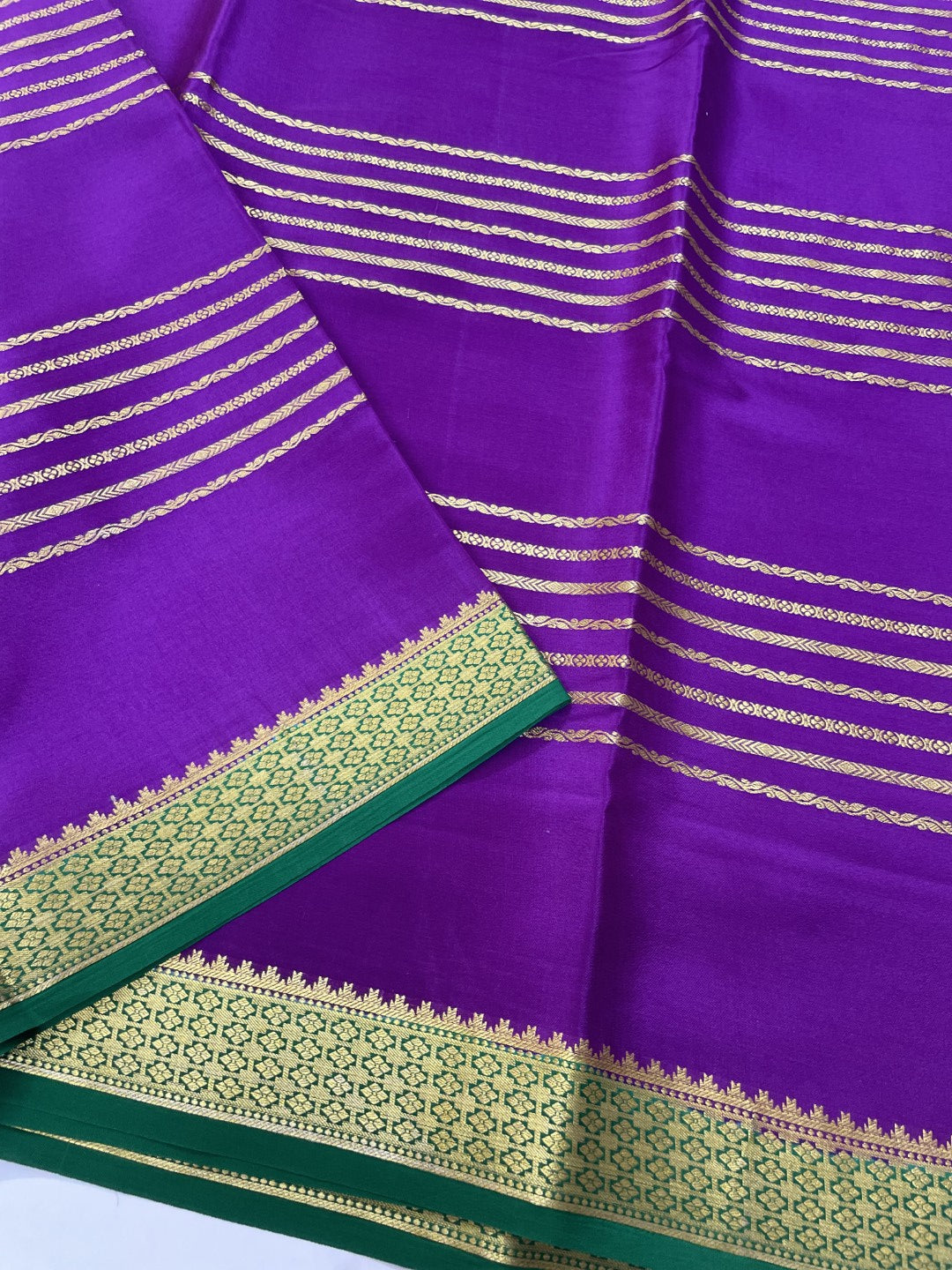 Purple N Green Stripes Pure Mysore Crepe Silk Saree