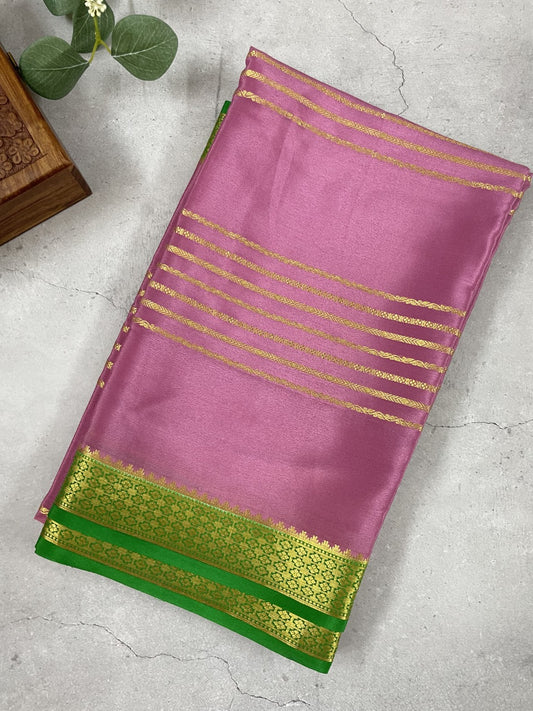 Dusty Pink N Green Pure Mysore Crepe Silk Saree