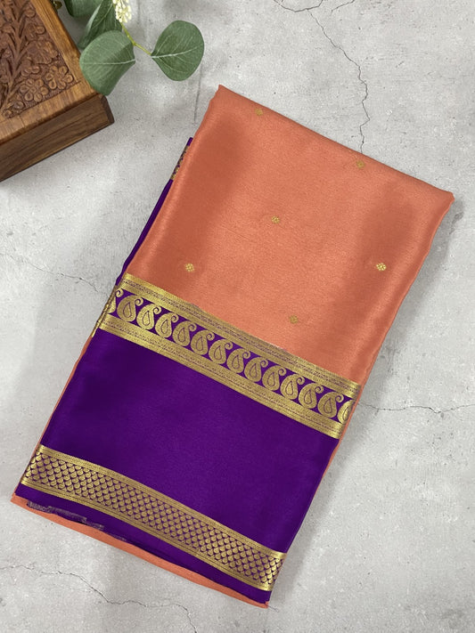 Peach N Blue Pure Mysore Crepe Silk Saree